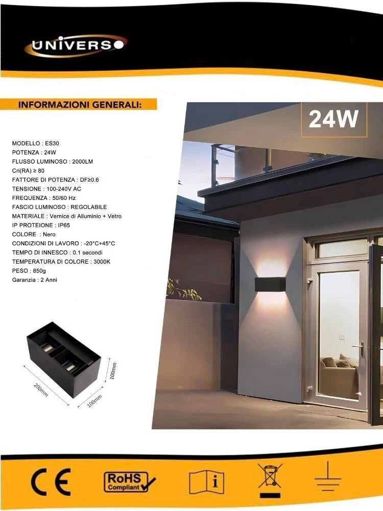 APPLIQUE LED 24 W LAMPADA DA PARETE DOPPIA EMISSIONE LUCE CALDA 3000K NERO