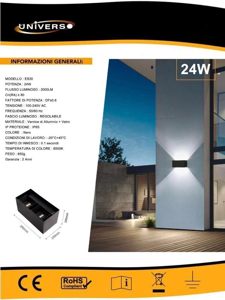 APPLIQUE LED 24 W LAMPADA DA PARETE DOPPIA EMISSIONE LUCE BIANCA 6500K NERO