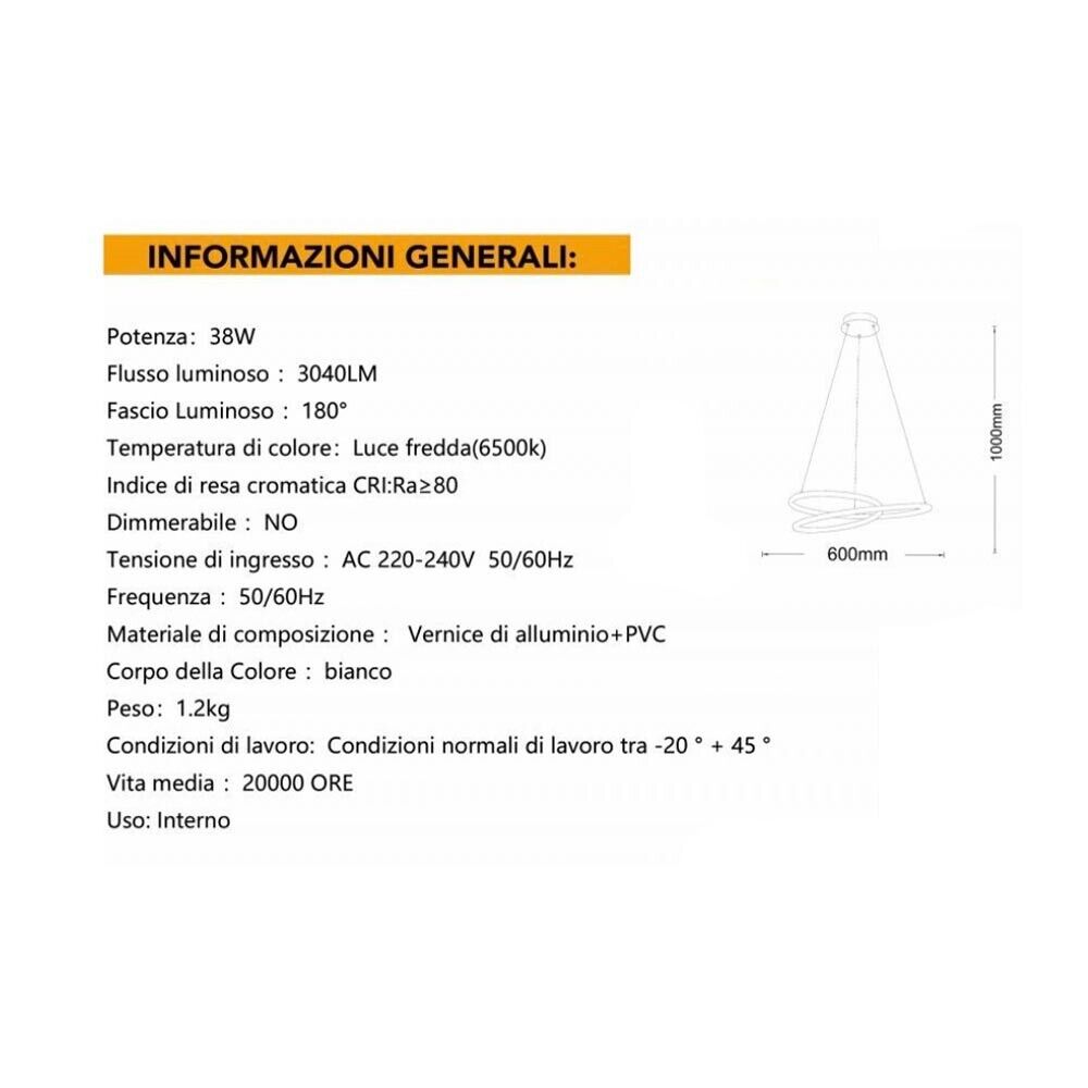 LAMPADARIO LED A SOSPENSIONE ANELLI INCROCIATI 38 WATT LUCE BIANCA 6500K