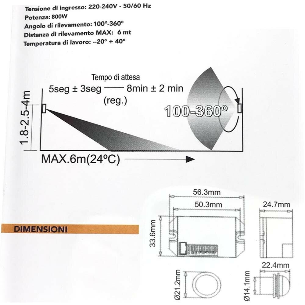MINI SENSORE RILEVA MOVIMENTO DA INCASSO PER FARO LAMPADA LED RILEVATORE 360°