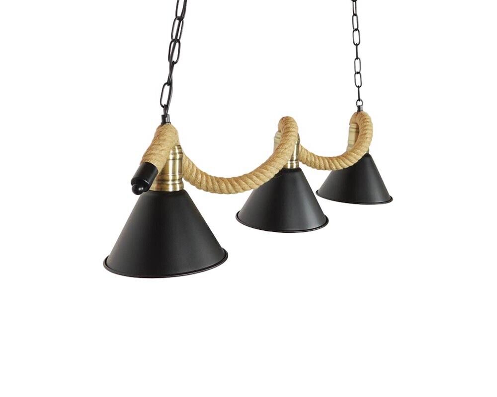 LAMPADARIO CORDA IN CANAPA PARALUME CAMPANA 3 PORTALAMPADA E27 STILE RETRÒ B24-3