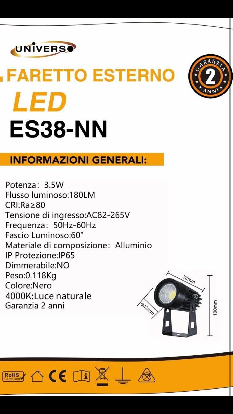 FARETTO LED LUCE NATURALE COB 3.5 W PROIETTORE DA GIARDINO STAFFA A PARETE