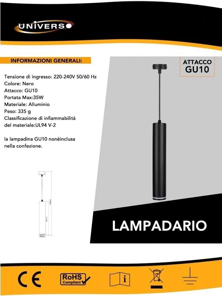 LAMPADARIO A SOSPENSIONE LAMPADA PENDENTE CON ATTACCO GU10 NERO