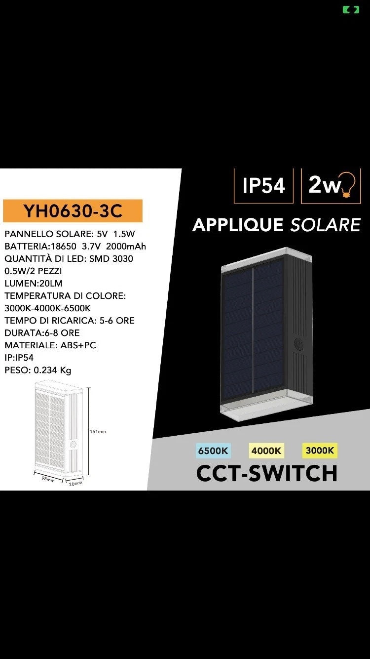 APPLIQUE LED PANNELLO SOLARE SEGNAPASSI LUCE BIANCA CALDA NATURALE LAMPADA 3 CCT