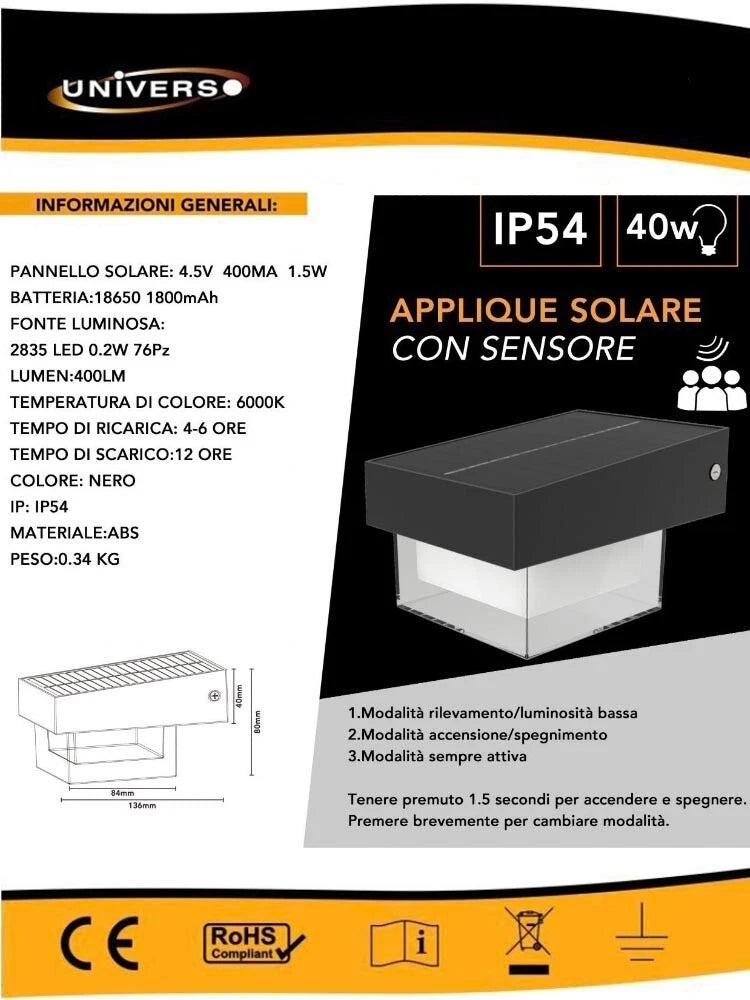 APPLIQUE LED LUCE BIANCA FARO CON PANNELLO SOLARE SENSORE CREPUSCOLARE ESTERNO