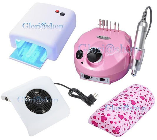 KIT RICOSTRUZIONE UNGHIE LIMA FRESA LAMPADA UV 36W ASPIRATORE CUSCINO NAIL ART