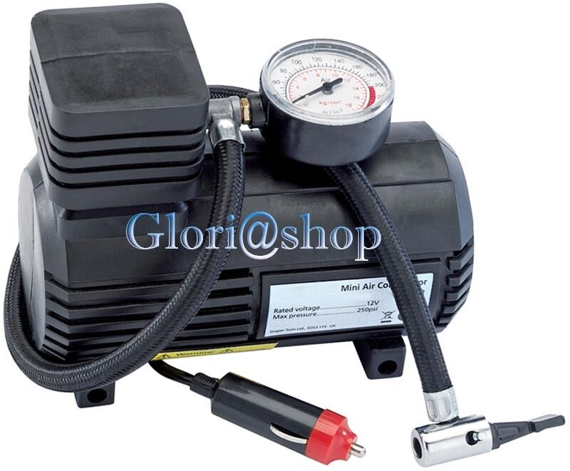 MINI COMPRESSORE 12V MANOMETRO GONFIAGGIO PNEUMATICI AUTO RUOTE MOTO BICI