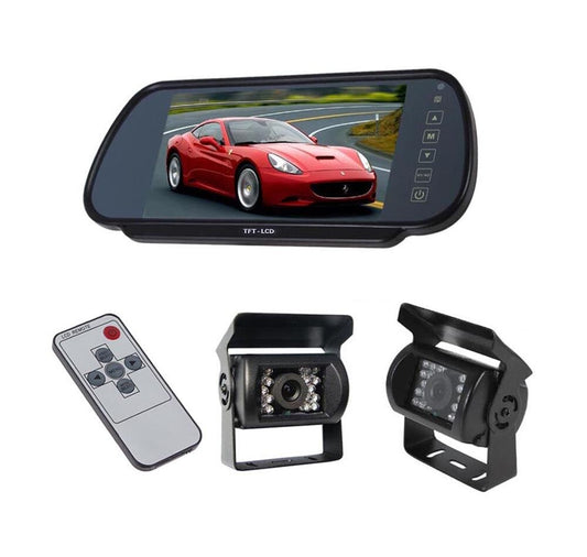 KIT SPECCHIETTO 7" LCD 2 TELECAMERA 18 LED RETROMARCIA AUTO CAMPER CAMION 2 CAVO