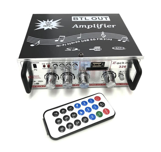 AMPLIFICATORE AUDIO USB MP3 RADIO FM SD CASA AUTO 2 CANALI AUX TELECOMANDO