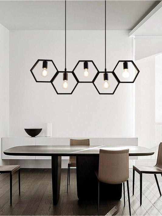 LAMPADARIO A SOSPENSIONE 5 PORTALAMPADA E27 IN METALLO GEOMETRICO ESAGONALE