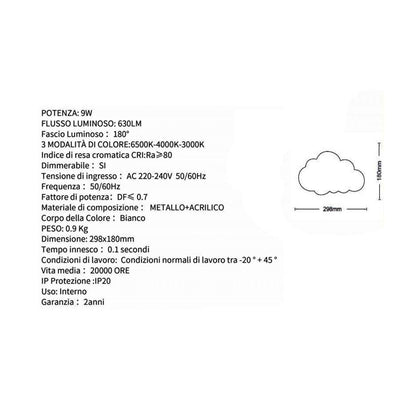 APPLIQUE LED LUCE BIANCA CALDA NATURALE A FORMA DI NUVOLA LAMPADA DA PARETE 9 W