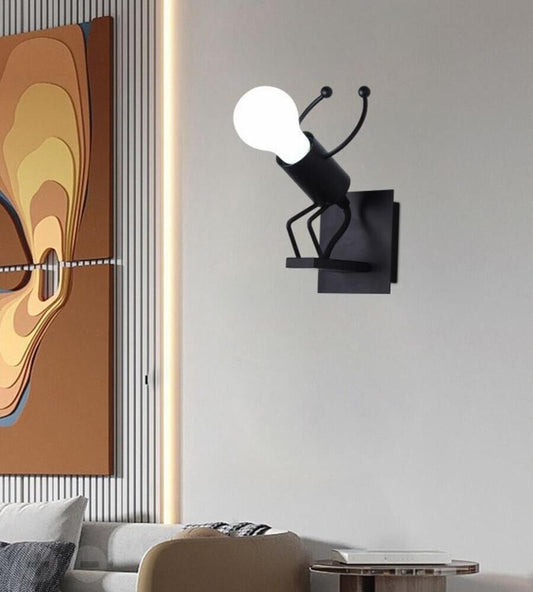 APPLIQUE DA PARETE A FORMA DI OMINO LAMPADA DECORATIVA IN METALLO NERO E27