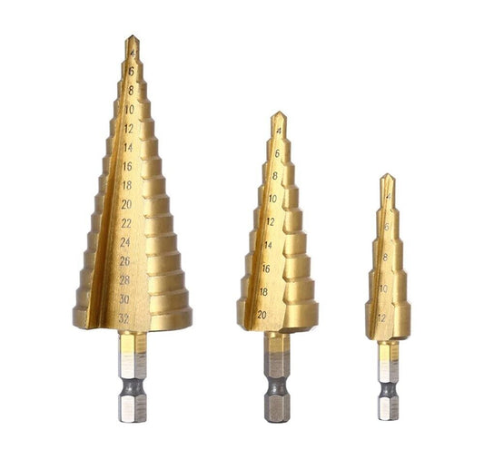 KIT 3 FRESE CONICHE GRADINI DA 4 A 32 MM FRESA CONICA A SCALINI HSS X FORO LEGNO