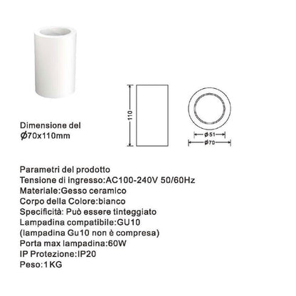PORTAFARETTO DA SOFFITTO IN GESSO ATTACCO GU10 PORTA FARETTO A CILINDRO BIANCO