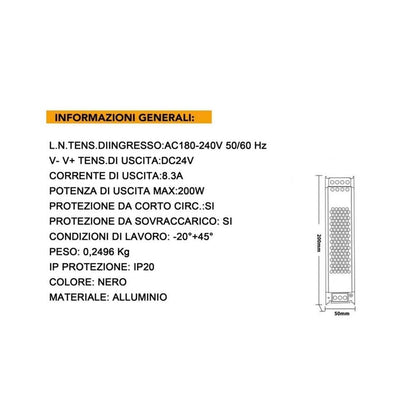 ALIMENTATORE 200 W 24 V TRASFORMATORE STABILIZZATO MODELLO SLIM SWITCH 8.3A