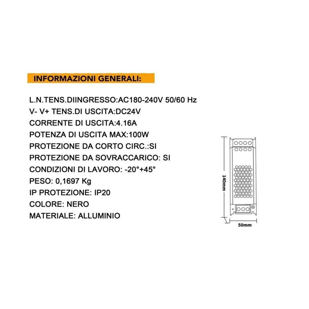 ALIMENTATORE 100 W 24 V TRASFORMATORE STABILIZZATO MODELLO SLIM SWITCH 4.16A
