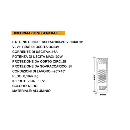 ALIMENTATORE 100 W 24 V TRASFORMATORE STABILIZZATO MODELLO SLIM SWITCH 4.16A