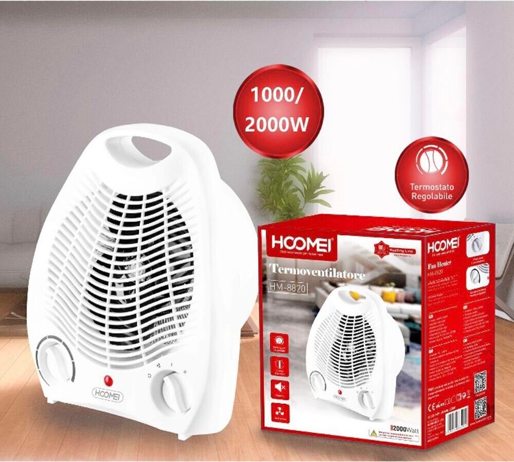 TERMOVENTILATORE CALDO BAGNO SCALDINO STUFETTA TERMOSTATO REGOLABILE 1000W 2000W