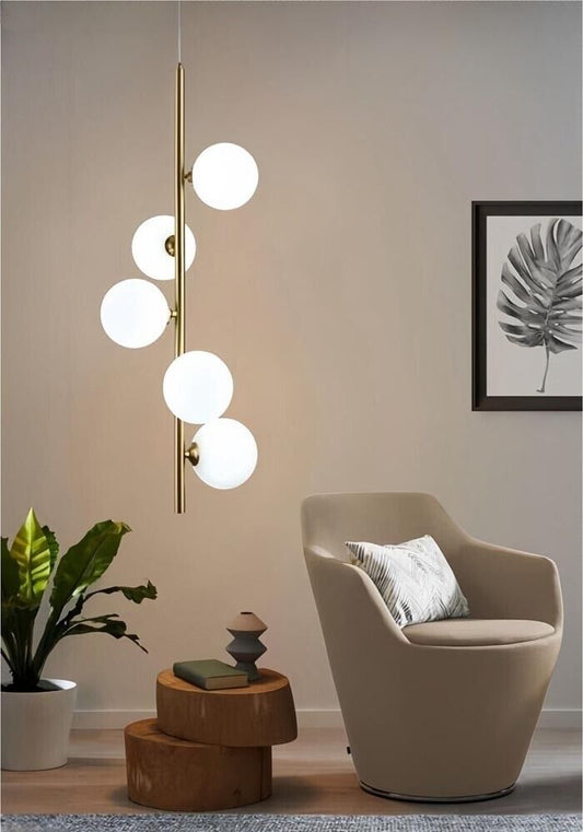 LAMPADARIO A SOSPENSIONE 5 SFERE IN VETRO ATTACCO G9 MODERNO COLOR BRONZO