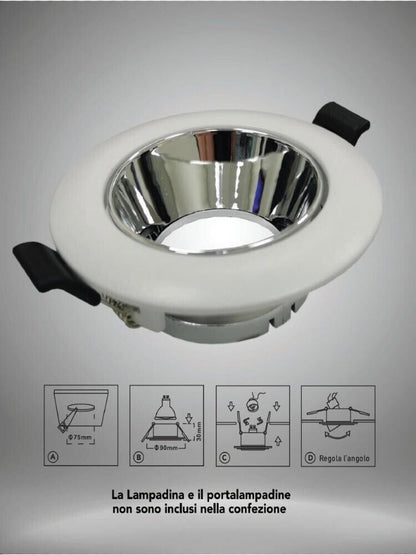 PORTAFARETTO ORIENTABILE INCASSO SOFFITTO SUPPORTO TONDO FARETTO BIANCO ARGENTO