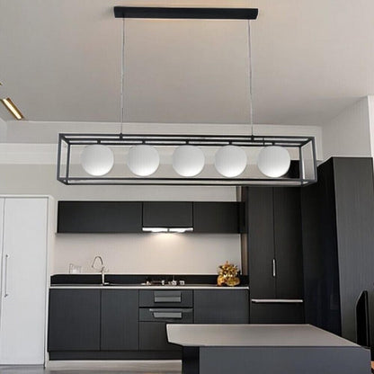 LAMPADARIO A SOSPENSIONE 5 X SFERA IN VETRO BIANCO MODERNO METALLO NERO B89