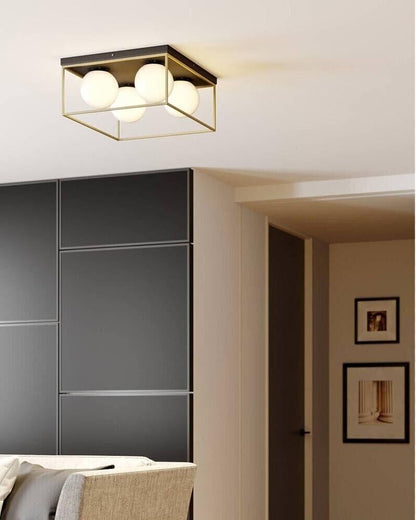 PLAFONIERA DA SOFFITTO 4 X SFERA IN VETRO BIANCO LAMPADARIO METALLO NERO BRONZO