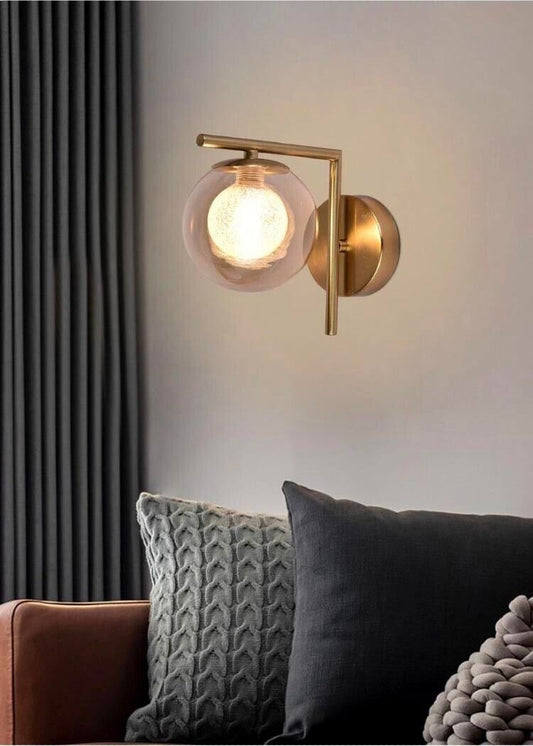 APPLIQUE DA PARETE SFERA IN VETRO AMBRA LAMPADA METALLO BRONZO ATTACCO G9