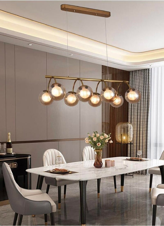LAMPADARIO A SOSPENSIONE 8 SFERE IN VETRO AMBRA LAMPADA SOFFITTO METALLO BRONZO