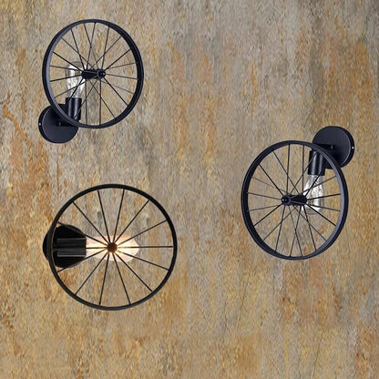APPLIQUE DA PARETE STILE VINTAGE A FORMA RUOTA DI BICICLETTA NERO ATTACCO E27