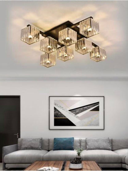 LAMPADARIO DA SOFFITTO 8 CUBI IN VETRO PORTALAMPADINA E27 METALLO NERO MODERNO