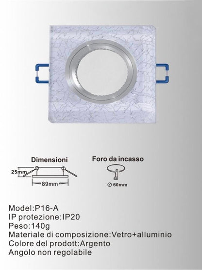 10 PORTA FARETTO A INCASSO SUPPORTO QUADRATO PORTAFARETTI VETRO ARGENTO P16