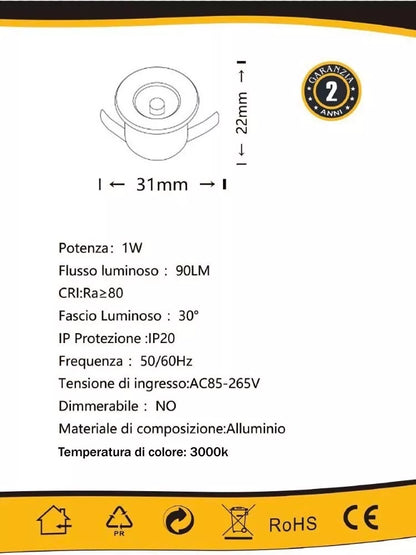 KIT 10 FARETTI A INCASSO FARETTO LED LUCE CALDA 3000 1 W BORDO BIANCO P31