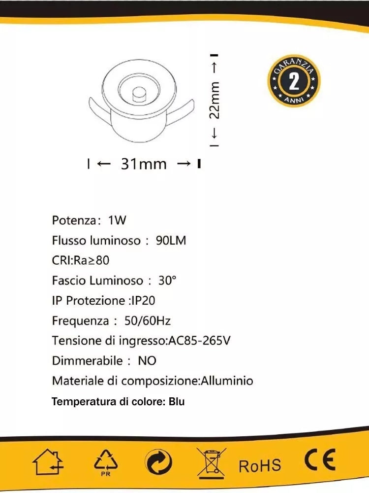 KIT 10 FARETTI A INCASSO FARETTO LED LUCE BLU 1 W BORDO BIANCO P31