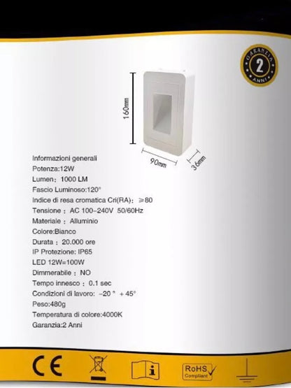 APPLIQUE LED LUCE NATURALE FARETTO 12 W SEGNAPASSI A MURO ESTERNO BIANCO ES62