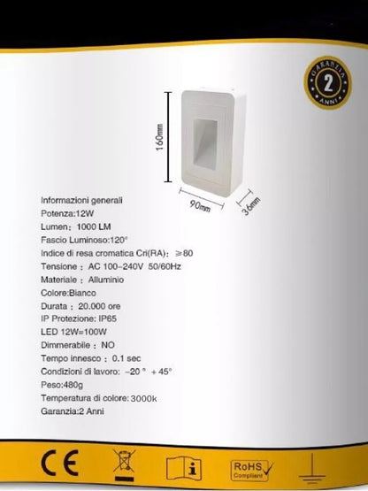 APPLIQUE LED LUCE CALDA FARETTO 12 W SEGNAPASSI LAMPADA IP65 ESTERNO BIANCO ES62