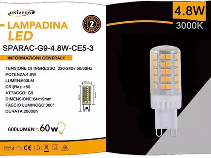 5 LAMPADINE G9 LAMPADINA LED 4.8 W = 60 W LUCE CALDA PER LAMPADARIO APPLIQUE