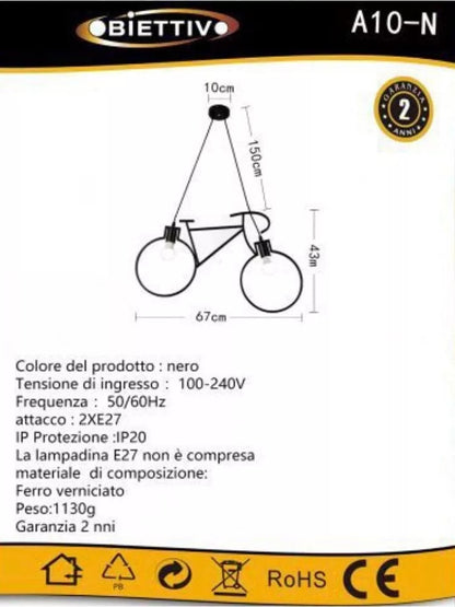 LAMPADARIO ASOSPENSIONE FORMA DI BICICLETTA BICI PORTALAMPADA E27 METALLO NERO