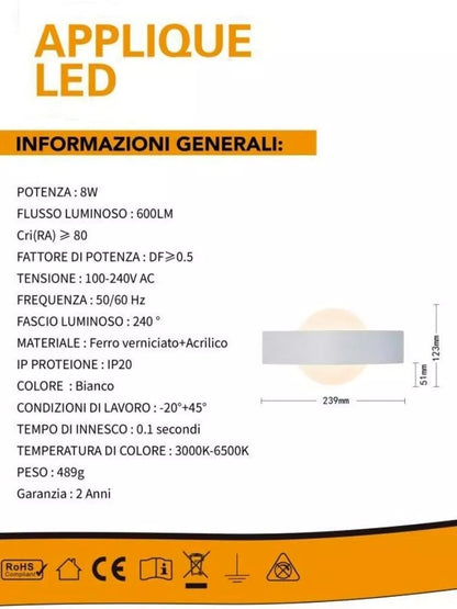 APPLIQUE LED 3 COLORI LUCE BIANCA CALDA NATURALE LAMPADA DA PARETE 8 W MODERNO