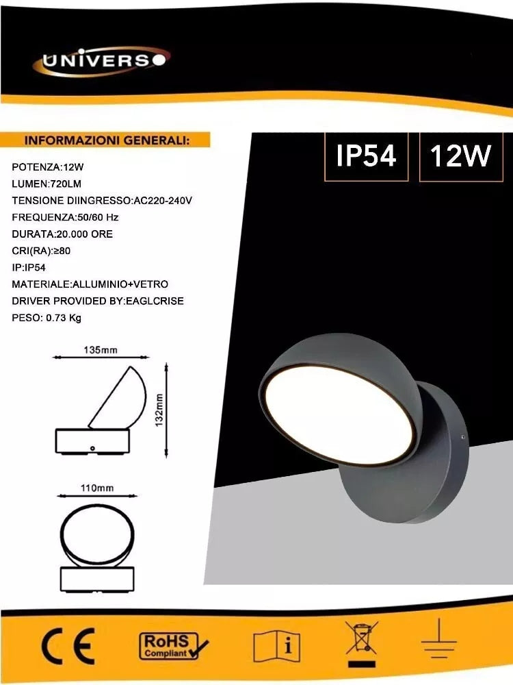 APPLIQUE LED 12 W LUCE BIANCA CALDA NATURALE LAMPADA DA PARETE FARETTO