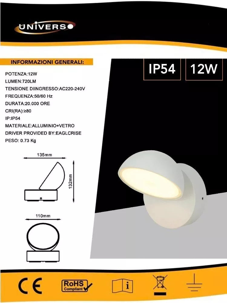 APPLIQUE LED LUCE BIANCA CALDA NATURALE LAMPADA DA PARETE 12 W FARETTO 3