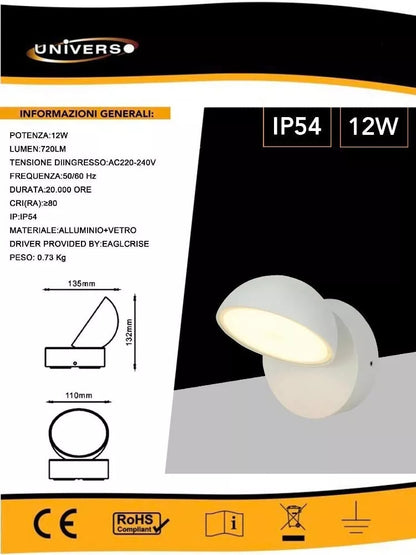 APPLIQUE LED LUCE BIANCA CALDA NATURALE LAMPADA DA PARETE 12 W FARETTO 3