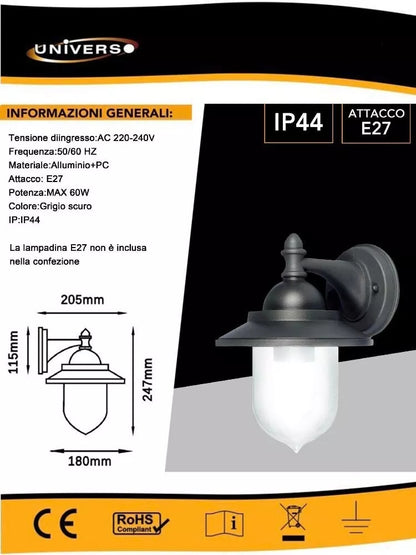 LANTERNA A PARETE GIARDINO LAMPADA DA MURO PORTA LAMPADINA E27 B247G