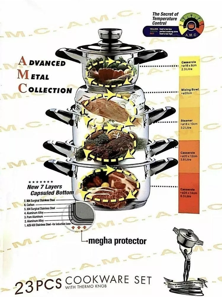 SET DI PENTOLE ANTIADERENTI PER INDUZIONE IN ACCIAIO INOX DA 23 PEZZI A.M.C.