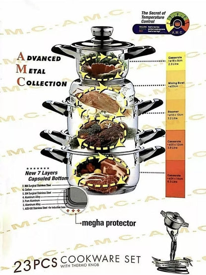 SET DI PENTOLE ANTIADERENTI PER INDUZIONE IN ACCIAIO INOX DA 23 PEZZI A.M.C.