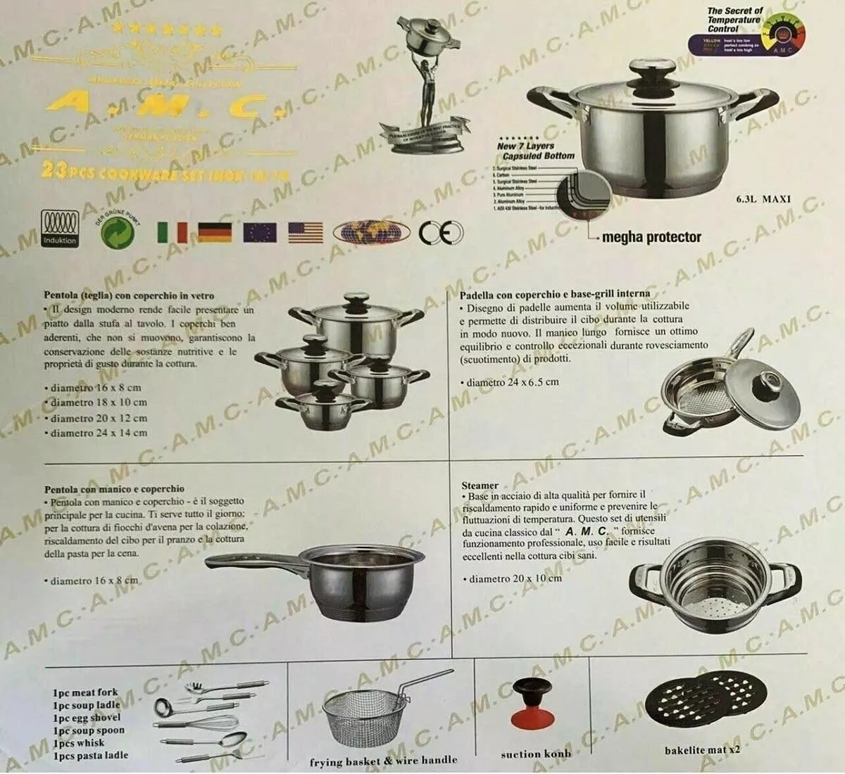 SET DI PENTOLE ANTIADERENTI PER INDUZIONE IN ACCIAIO INOX DA 23 PEZZI A.M.C.
