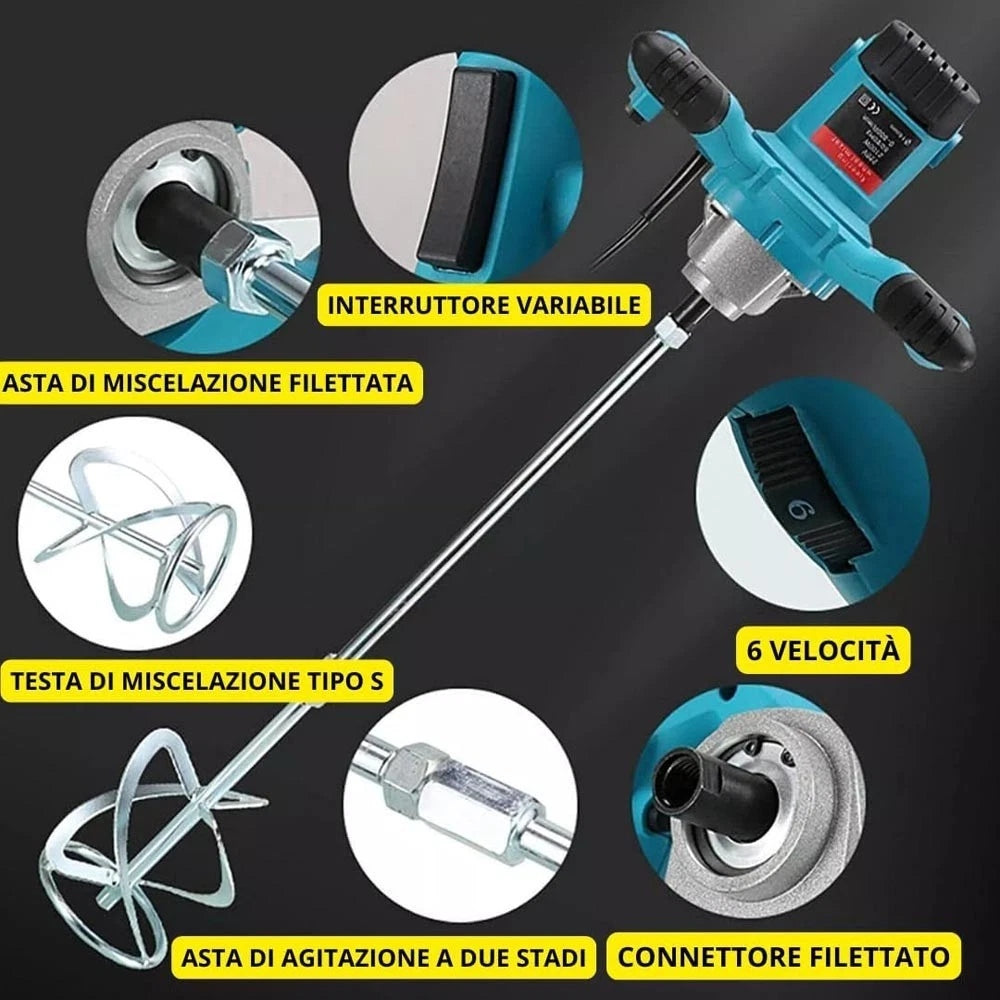 IMPASTATORE ELETTRICO 1500 W TRAPANO MISCELATORE FRUSTA 120 CM PER CALCE COLLA