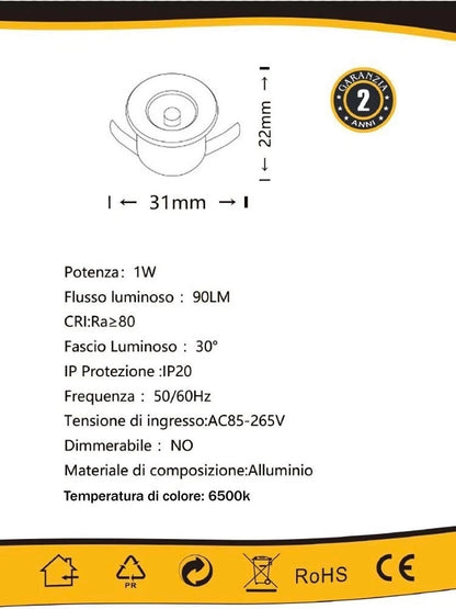 KIT 5 FARETTI LUCE BIANCA FARETTO LED 1 WATT A INCASSO  SILVER P31-5F