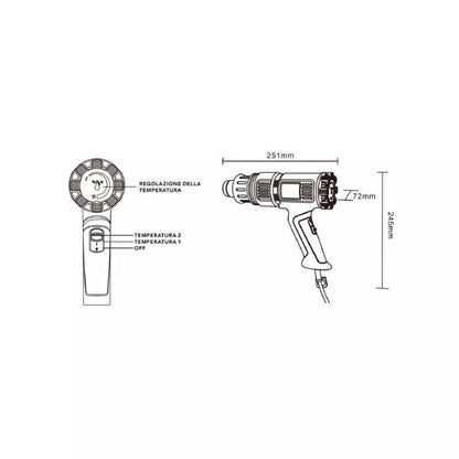 PISTOLA TERMICA ARIA CALDA 2000 W SVERNICIATORE PHON 2 VELOCITA’ 4 ACCESSORI QR-