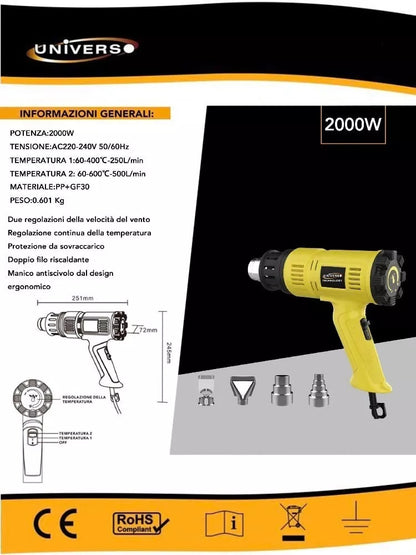 PISTOLA TERMICA ARIA CALDA 2000 W SVERNICIATORE PHON 2 VELOCITA’ 4 ACCESSORI QR-