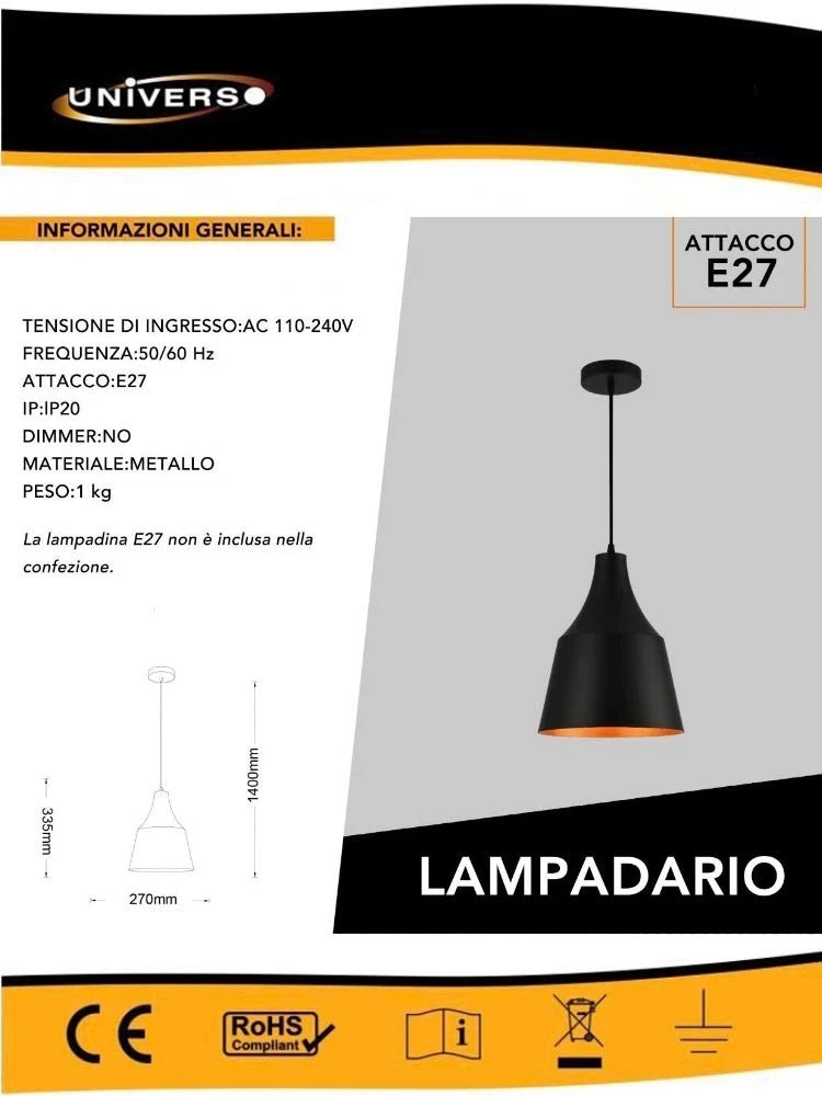 LAMPADARIO A SOSPENSIONE PARALUME A CUPOLA PORTALAMPADA E27 MODERNO NERO